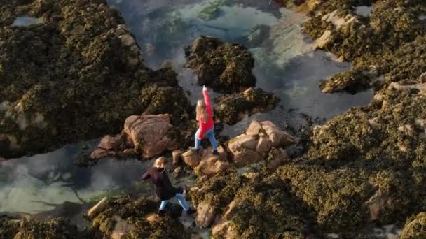 Twee Meisjes Wandelen Rotsen Bij Causeway Coast Noord Ierland — Stockvideo