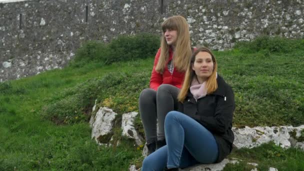 Twee Jonge Vrouw Ontspannen Het Groene Landschap Van Ierland — Stockvideo