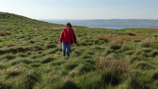 北アイルランドのビネベナグの草原を歩く ドローンからの空中眺め — ストック動画