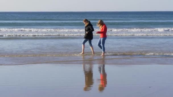 2人の女の子が秋の寒い日に北アイルランドの砂浜に沿って歩く — ストック動画