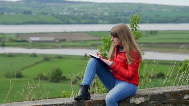 Mujer joven escribe notas mientras está sentada en la naturaleza verde de Irlanda — Vídeo de stock
