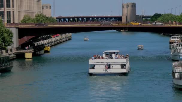 Lodě Řece Chicago Slunečného Dne Chicago Usa Června 2019 — Stock video