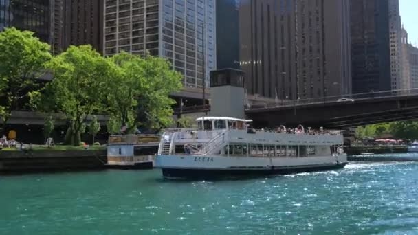 Crucero Turístico Por Río Chicago Día Soleado Chicago Estados Unidos — Vídeo de stock