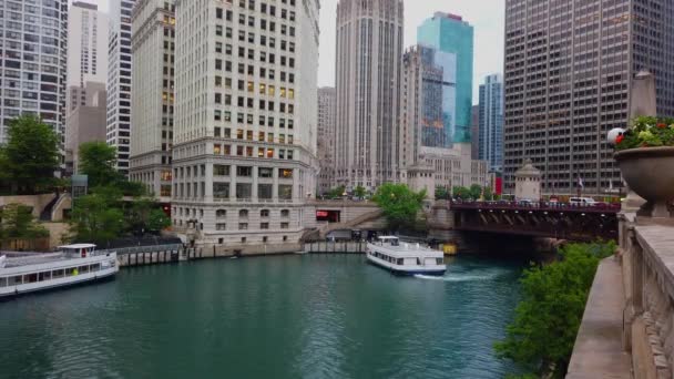 Chicago Nehri Nin Şehir Merkezindeki Geniş Açı Manzarası Kago Illinois — Stok video