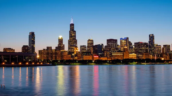 Wide angle view over the Chicago skyline in the evening - CHICAGO, ILLINOIS - JUNE 12, 2019