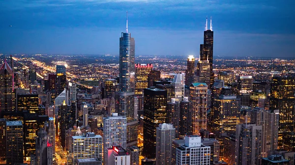 Chicago Éjjel Lenyűgöző Légi Kilátás Nyílik Belváros Chicago Illinois Június — Stock Fotó