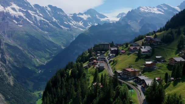Landsbyen Murren Sveitsiske Alpene Flybilde – stockvideo