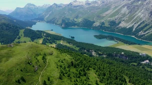 Sjön Sils Schweiziska Engadin Området Schweiz Uppifrån — Stockvideo