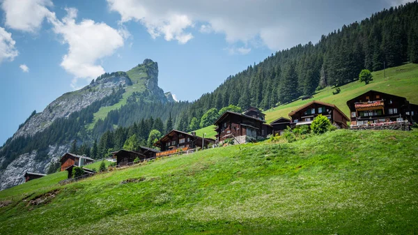 スイスのスイスアルプスにあるジンメルヴァルトの典型的な木造住宅 旅行写真 — ストック写真