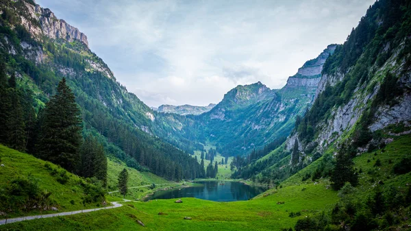 Hermoso Lago Montaña Los Alpes Suizos Muy Romántico Fotografía Viaje Fotos de stock libres de derechos