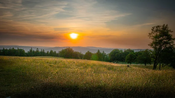 Wunderschöner Sonnenuntergang Über Landwirtschaftlichen Flächen Den Schweizer Alpen — Stockfoto