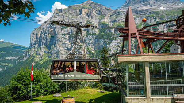 Swiss Skyline Telefric called Schilthornbahn in the Swiss Alps - THE SWISS ALPS, SWITZERLAND - JULY 22, 2019