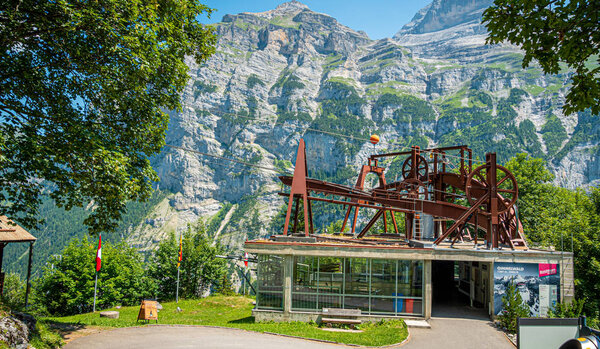 Swiss Skyline Telefric called Schilthornbahn in the Swiss Alps - THE SWISS ALPS, SWITZERLAND - JULY 22, 2019