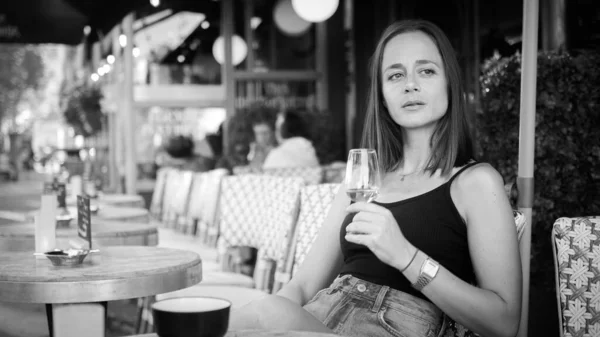 French Woman Drinks Glass Wine Street Cafe Paris Paris Street — Stock Photo, Image