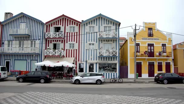 Edifícios Listrados Cor Típica Costa Nova Aveiro Portugal Setembro 2019 — Vídeo de Stock