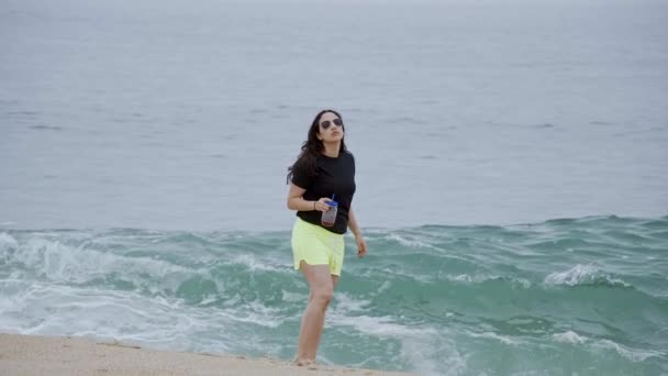 Beautiful Girl Walks Sandy Beach Oceanfront Slow Motion Shot — Stock Video