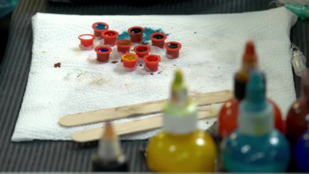 Dövme Stüdyosunda Renkli Mürekkep Şişeleri — Stok video