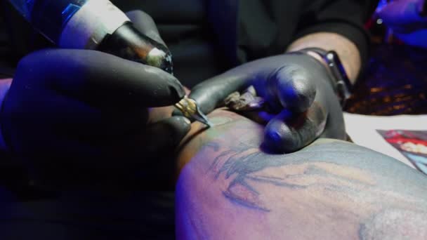 Trasferimento Inchiostro Sotto Pelle Uno Studio Tatuaggi Vista Vicino Tatuaggio — Video Stock