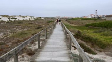 Sahildeki kumulların üzerinden iskeleye - yavaş çekim