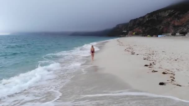 Relaksujące Letnie Wakacje Plaży Słodka Dziewczyna Nad Oceanem Zdjęcia Dronów — Wideo stockowe