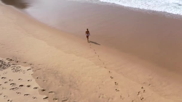 Sexy Frau Bikini Geht Über Einen Sandstrand Meer Drohnenaufnahmen Aus — Stockvideo