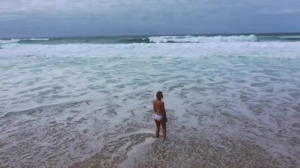 Mulher Sexy Biquíni Caminha Sobre Uma Praia Areia Oceano Imagens — Vídeo de Stock