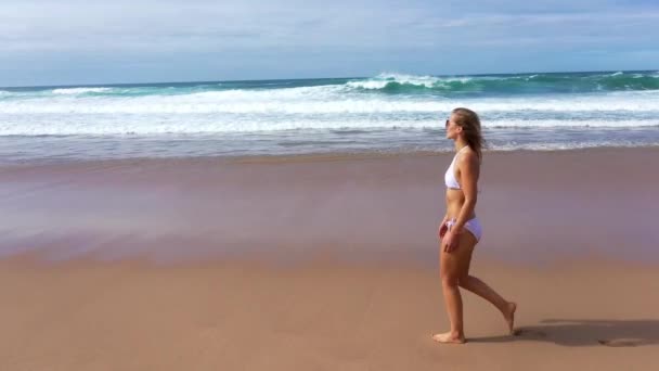 Vacaciones Relajantes Verano Playa Linda Chica Océano Imágenes Aéreas Aviones — Vídeo de stock