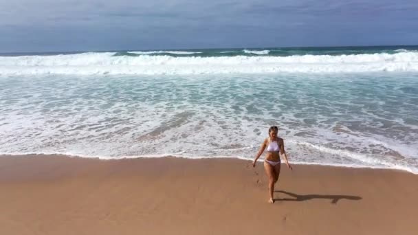 Bikinili Seksi Bir Kadın Okyanusta Kumlu Bir Sahilde Yürüyor Hava — Stok video