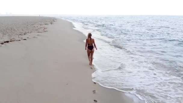 Szexi lány fürdőruhában sétál át a homokos tengerparton az óceánon - légi felvétel