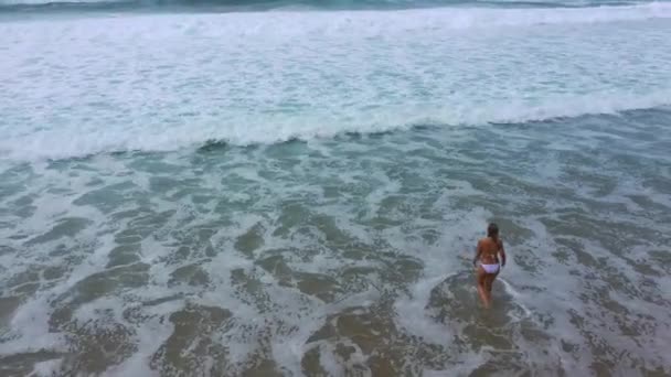 Sexy Woman Bikini Walks Sandy Beach Ocean Aerial Drone Footage — Stock Video