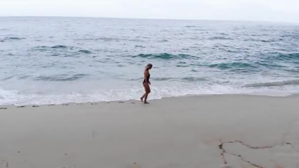 Sexy Girl Bathing Suit Walks Sandy Beach Ocean Aerial Drone — ストック動画