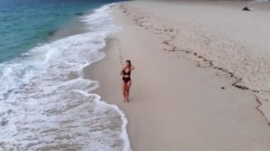 Güzel bir kadın kumsalda yürüyüşe çıkıyor. Hava aracı görüntüleri.