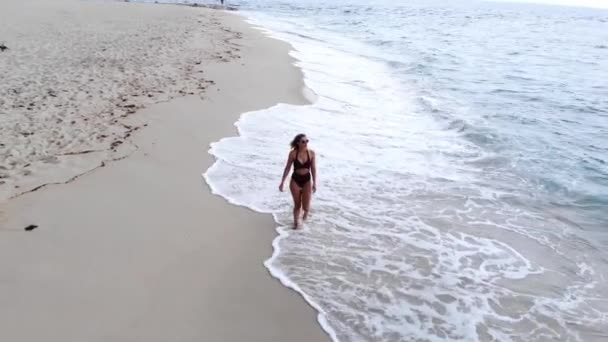 美丽的女孩独自一人在沙滩上的海洋 空中无人飞机镜头 — 图库视频影像