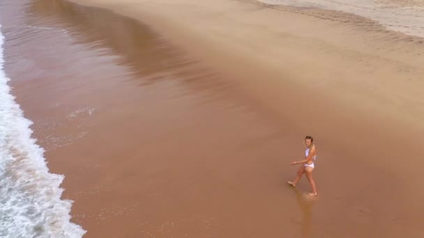 Sexy Woman Bikini Walks Sandy Beach Ocean Aerial Drone Footage — ストック動画