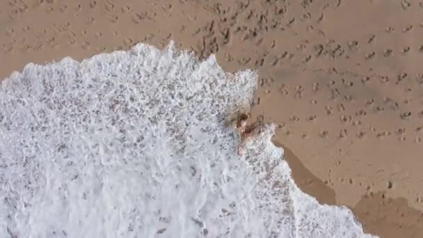 Menina Bonito Sexy Deitado Areia Praia Metragem Drone Aéreo — Vídeo de Stock