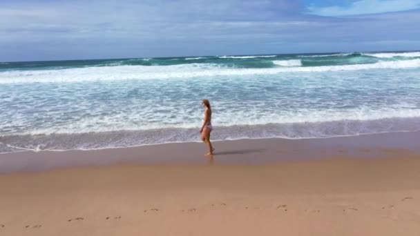 夏休みのビーチ沿いのリラックスした散歩 航空機のドローン映像 — ストック動画