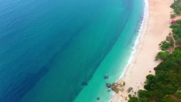 素晴らしい砂浜と上からの深い青い海 航空機のドローン映像 — ストック動画