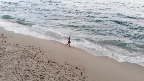 Sexig Tjej Baddräkt Går Över Sandstrand Vid Havet Flygdrönarbilder — Stockvideo