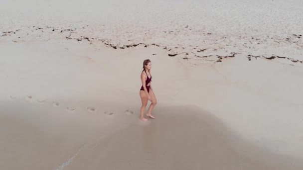 Passos Areia Menina Sexy Praia Imagens Drone Aéreo — Vídeo de Stock