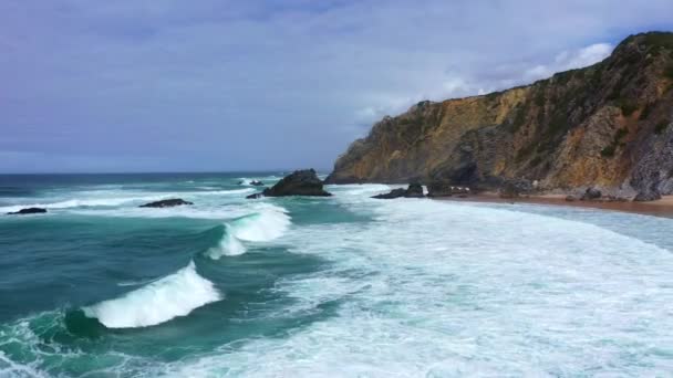 Amazing Blue Water Atlantic Ocean Portuguese Coast Line Aerial Drone — Stock Video