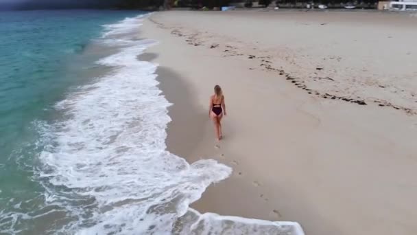 Mooi Meisje Alleen Een Zandstrand Aan Oceaan Luchtfoto Drone Beelden — Stockvideo