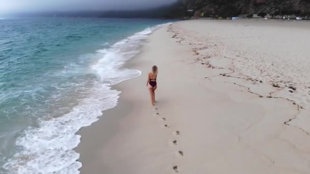 楽園の空のビーチで美しい女性 航空機のドローン映像 — ストック動画