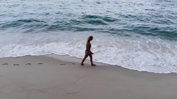 Όμορφη Γυναίκα Στις Καλοκαιρινές Διακοπές Στην Παραλία Εναέρια Drone Πλάνα — Αρχείο Βίντεο