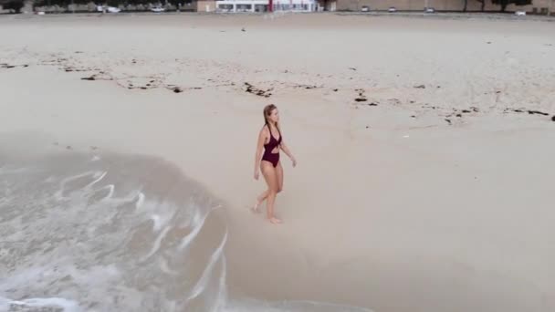 Bella Donna Vacanza Estiva Spiaggia Riprese Aeree Drone — Video Stock