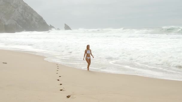 セクシーな女の子はビーチでビキニを着て 海での夏休み 旅行映像 — ストック動画