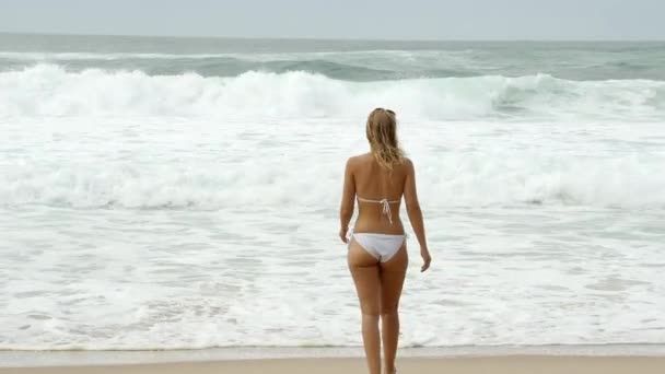Σέξι Κοπέλα Μπικίνι Στην Παραλία Καλοκαιρινές Διακοπές Στον Ωκεανό Ταξιδιωτικό — Αρχείο Βίντεο