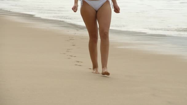 Прогулюватися Піщаним Пляжем Біля Океану Молода Жінка Літніх Канікулах — стокове відео