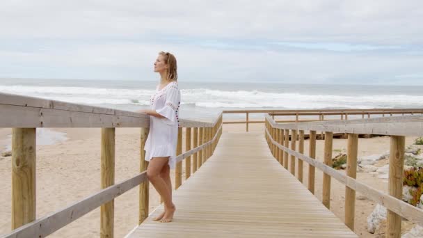 Молодая Сексуальная Женщина Отдыхает Океана Пляжный Отдых Съемки Путешествий — стоковое видео