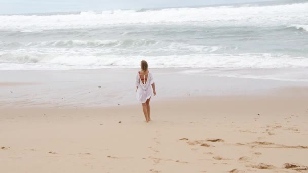 Promenad Över Sandstrand Sexig Tjej Semester Fotografering — Stockvideo