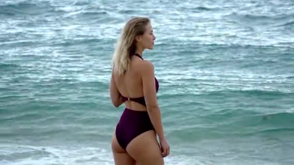 Dia Perfeito Verão Jovem Mulher Desfruta Seu Dia Praia Imagens — Vídeo de Stock